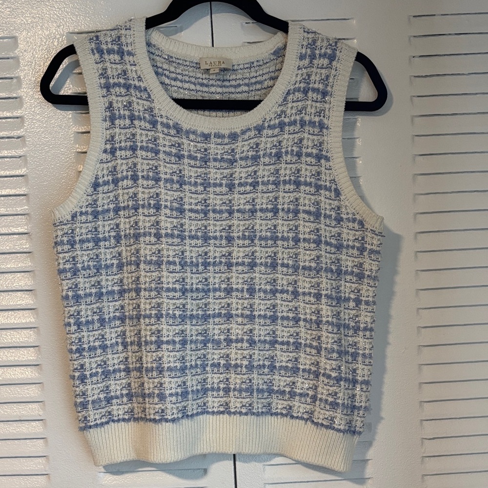 Laura Petites Blue & White Tweed Knit Sleeveless Top Chic Minimal Elegant - Picture 2 of 10